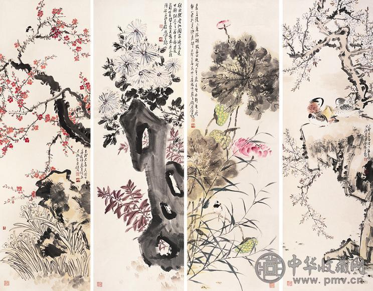 贾广健 1999年作 春夏秋冬花鸟 四屏 设色纸本