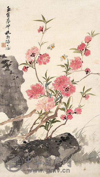 张大壮 壬寅(1962年)作 蜂隐桃花 立轴 设色绢本