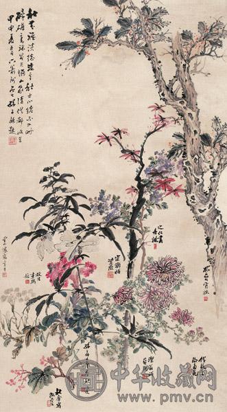 钱松嵒 等 甲申(1944年)作 花卉 中堂 设色纸本