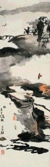 谢之光 江南渔村 立轴 设色纸本