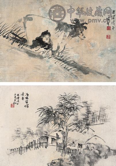 任伯年 1888年作 牧牛图并茅斋夜读图(2件) 立轴 设色纸本