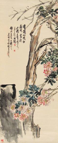 王个簃 丙戌(1946年)作 浓阴似帐红薇晓 立轴 设色纸本