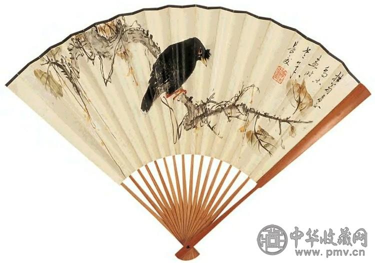 乔木 花鸟 成扇 设色纸本