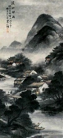 吴石僊 溪山烟雨 镜心 设色纸本