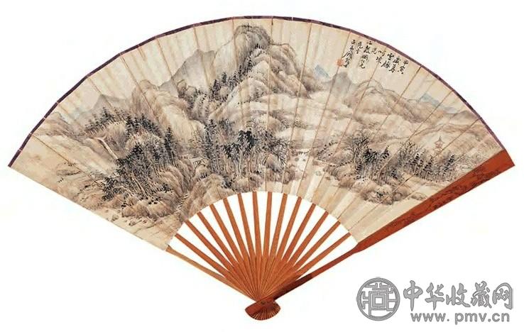 顾麟士 汪凤瀛 山水 书法 成扇 设色纸本