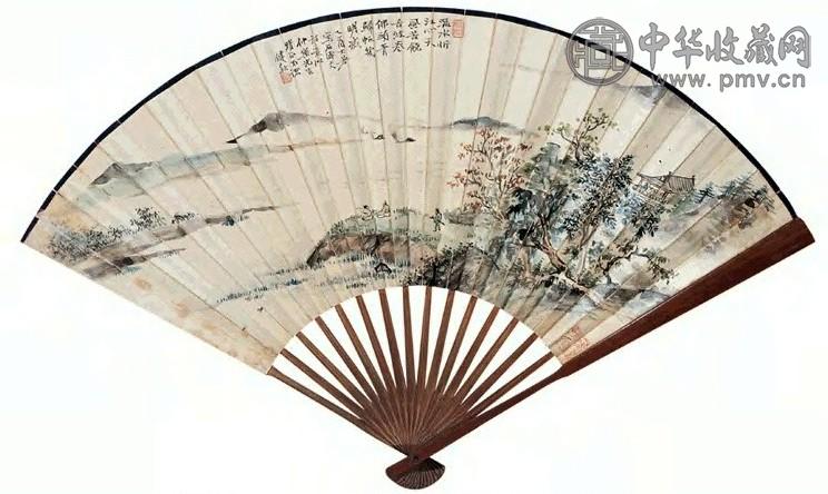 诸健秋 邹泺生 携琴望海图 临金石铭文 成扇 设色纸本