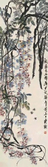 齐白石 甲戌(1934年)作 紫藤蜜蜂 立轴 设色纸本