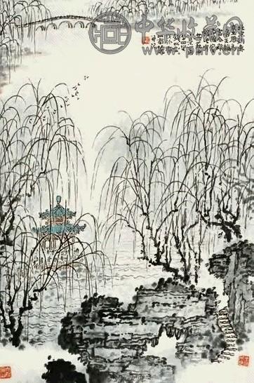 钱松嵒 钓鱼台小景一角 镜心 设色纸本