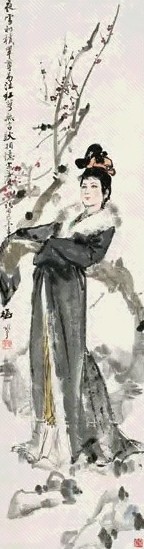 颜梅华 1979年作 立雪赏梅 立轴 设色纸本