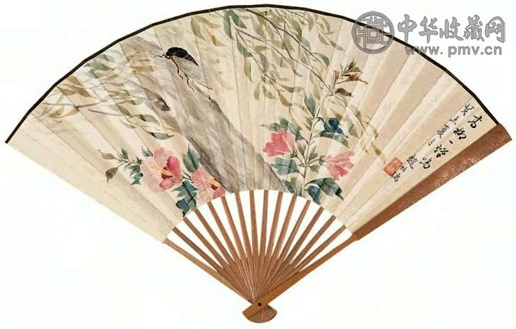 赵叔孺 高柳蝉鸣图并行书 成扇 设色纸本