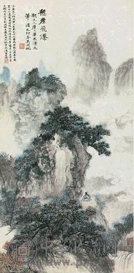 吴湖帆 1939年 悬崖飞瀑 立轴 设色纸本