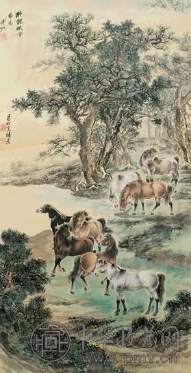 溥佐 八骏图 立轴 设色绢本