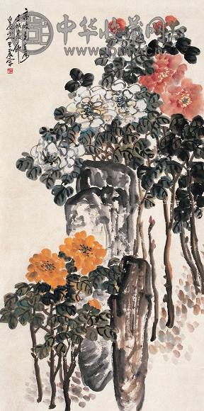 王震 1922年作 花卉 立轴 设色纸本