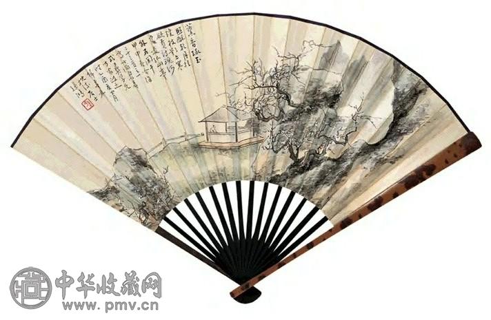 孙雪泥等 梅亭探香图 篆书 成扇 设色纸本