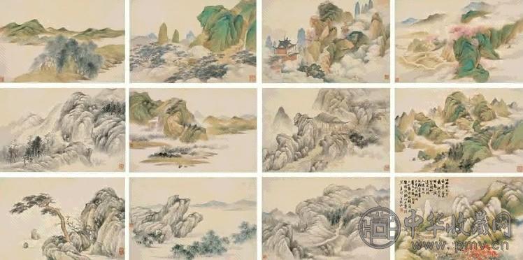 陆恢 1891年作 摹古山水 十二开 绢本、设色