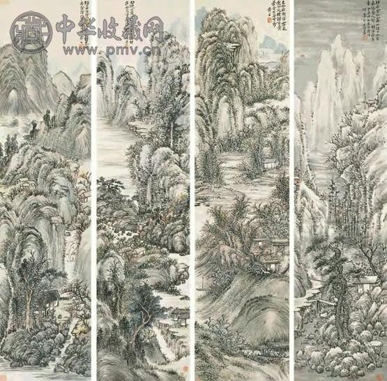 姚华 1924年作 四季山水 四屏 纸本设色
