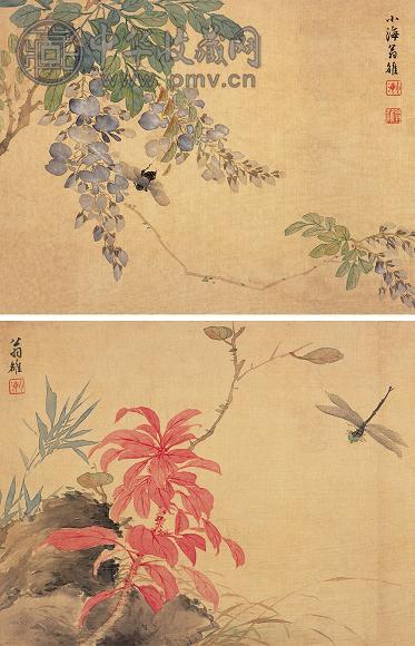 翁小海 草虫 册页(2开) 设色纸本