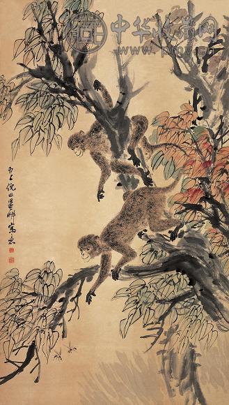 倪田 封候图 立轴 设色纸本