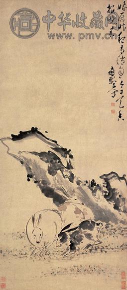 黄慎 兔石 立轴 设色纸本