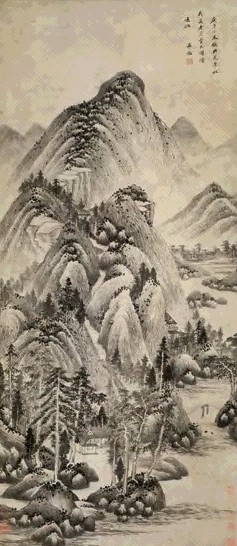 王鉴 庚子(1660年)作 临董源山水图 立轴 水墨纸本