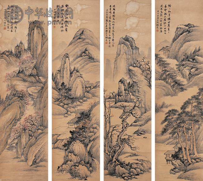 杨逸 1922年作 山水 四屏 设色纸本