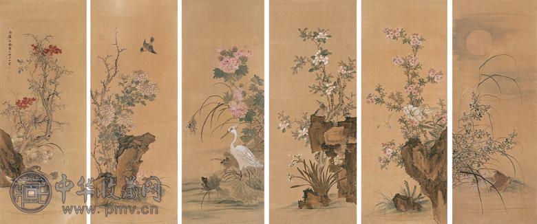 沈铨花鸟六屏绢本收藏资讯|艺术家|书画家|书画名人|书法家-中华收藏网