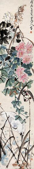 王震 1928年(戊辰)作 芙蓉白鹭图 立轴 设色纸本