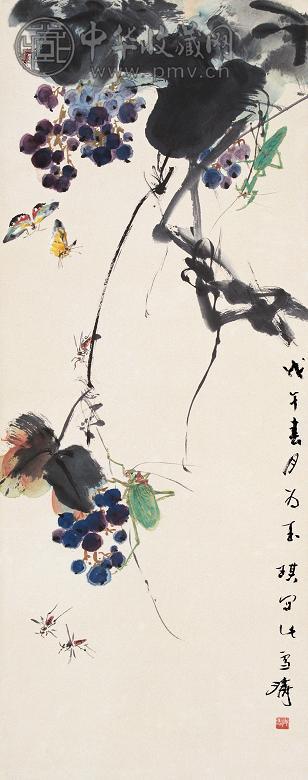 王雪涛 戊午(1978年)作 葡萄草虫 立轴 设色纸本