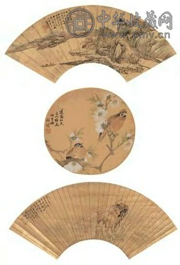 任伯年 扇面三挖 扇面 设色金笺绢本