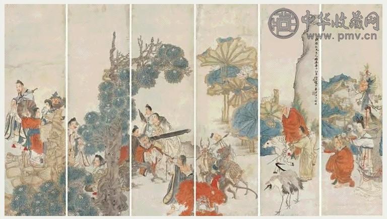 任伯年 群仙祝寿通景 六屏 设色纸本