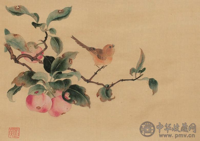 刘英 碧桃小鸟 镜心 设色绢本