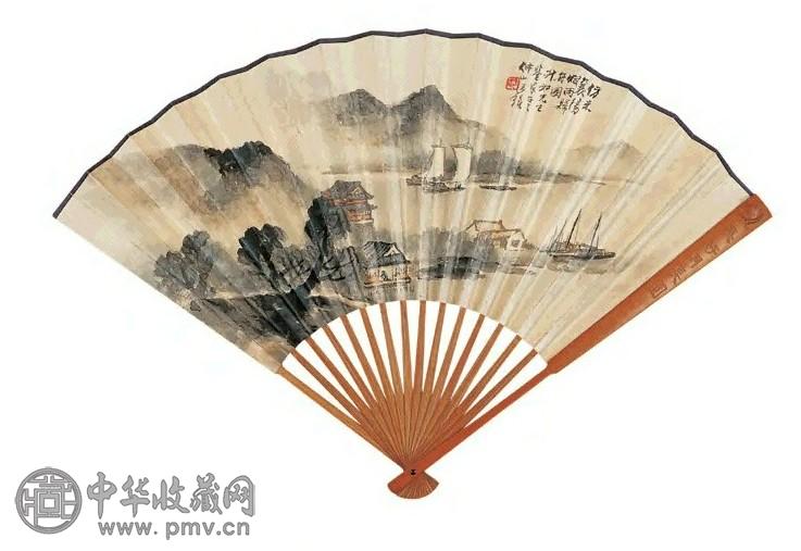 王琦 烟雨舟图 成扇 设色纸本