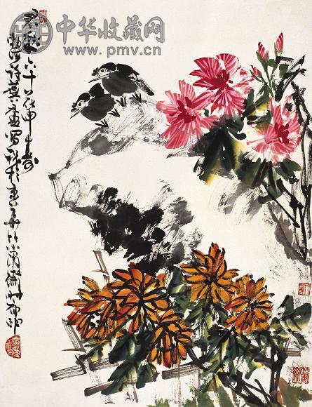 许麐庐 庚申(1980年)作 菊花芙蓉喜鹊 立轴 设色纸本