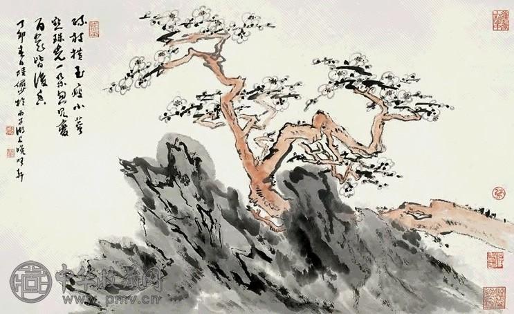 陆俨少 1987年作 千壑丛梅图 横幅 设色纸本