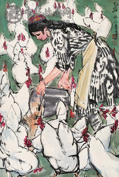 黄胄 1975年作 育鸡图 立轴 设色纸本