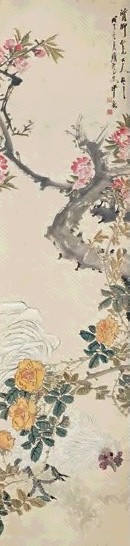 沙馥 花间鸡趣 立轴 设色纸本