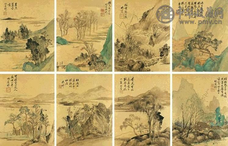 沈焯 1893年作 仿各家山水 八开 金笺、设色