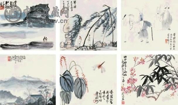 李可染 赵延绪 丁衍庸等 山水人物花鸟集锦 一堂六屏 立轴 设色纸本