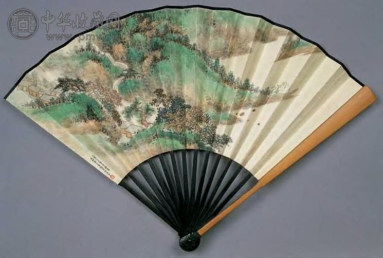 萧俊贤 1945年作 青绿山水 扇面 设色纸本