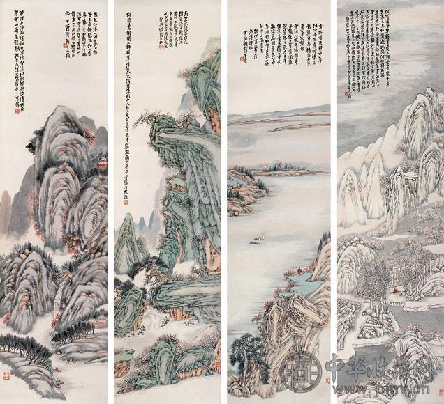 沈瀚 戊寅(1878年)作 山水 四屏 设色纸本