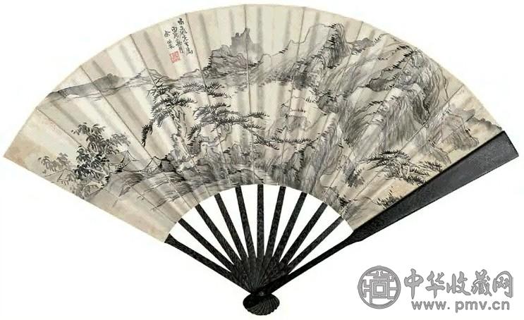 1926年 余绍宋 松屋远岫图并行书 成扇 水墨纸本