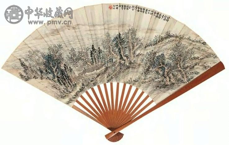 姚华 海阁图并行书诗 成扇 设色纸本