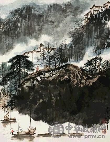 秦岭云 山水 轴 设色纸本