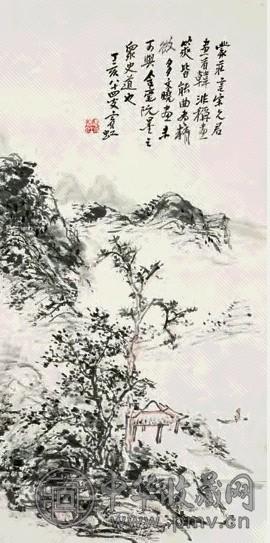 黄宾虹 1947年作 疏树斜亭 立轴 设色纸本
