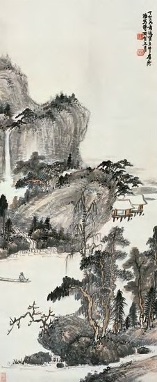 萧俊贤 1926年 溪山渔隐图 立轴 设色纸本