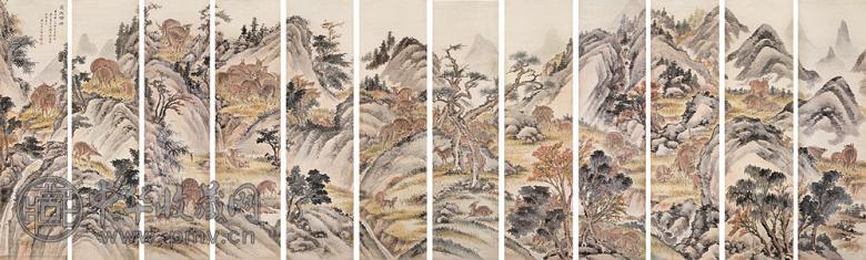 沈铨 壬寅(1722年)作 受天百禄 12屏 设色绢本