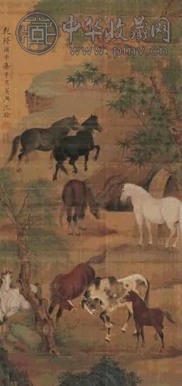 沈铨 八骏图 立轴 设色绢本