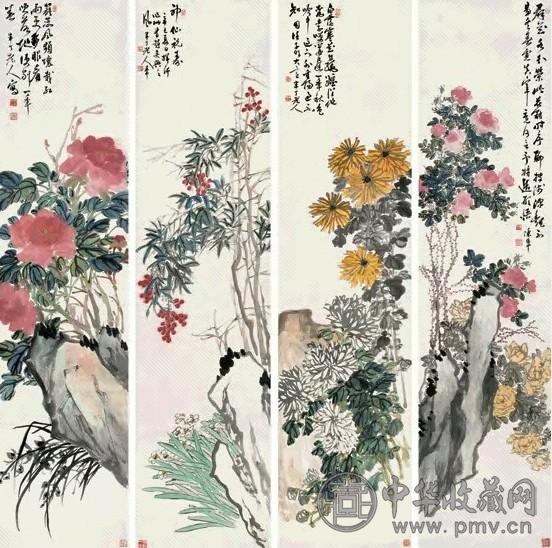 陈半丁 1941年作 花卉 四屏 设色纸本