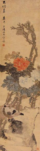 任伯年 光绪己卯(1879年)作 牡丹鸽子 立轴 设色纸本