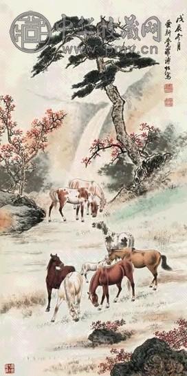 溥佐 八骏图 立轴 设色纸本